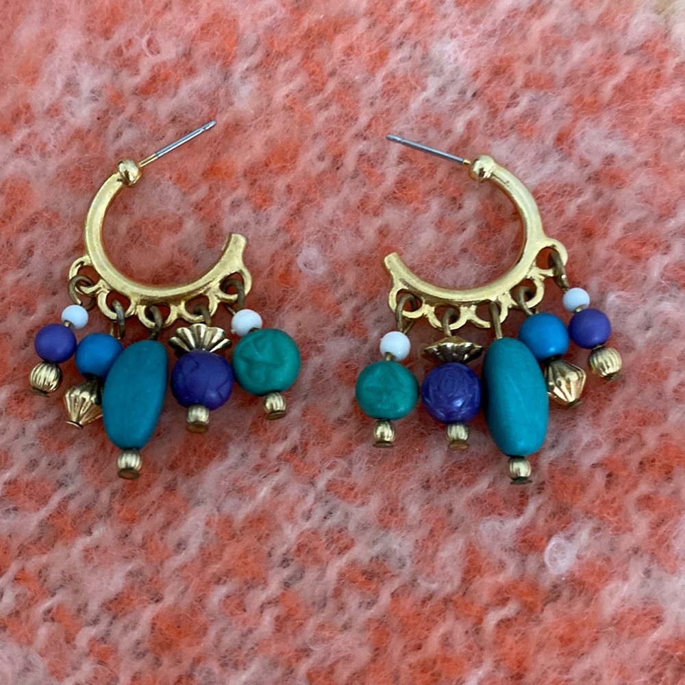 Gold Tone Blue and Green Drop Dangle Hoop Earrings